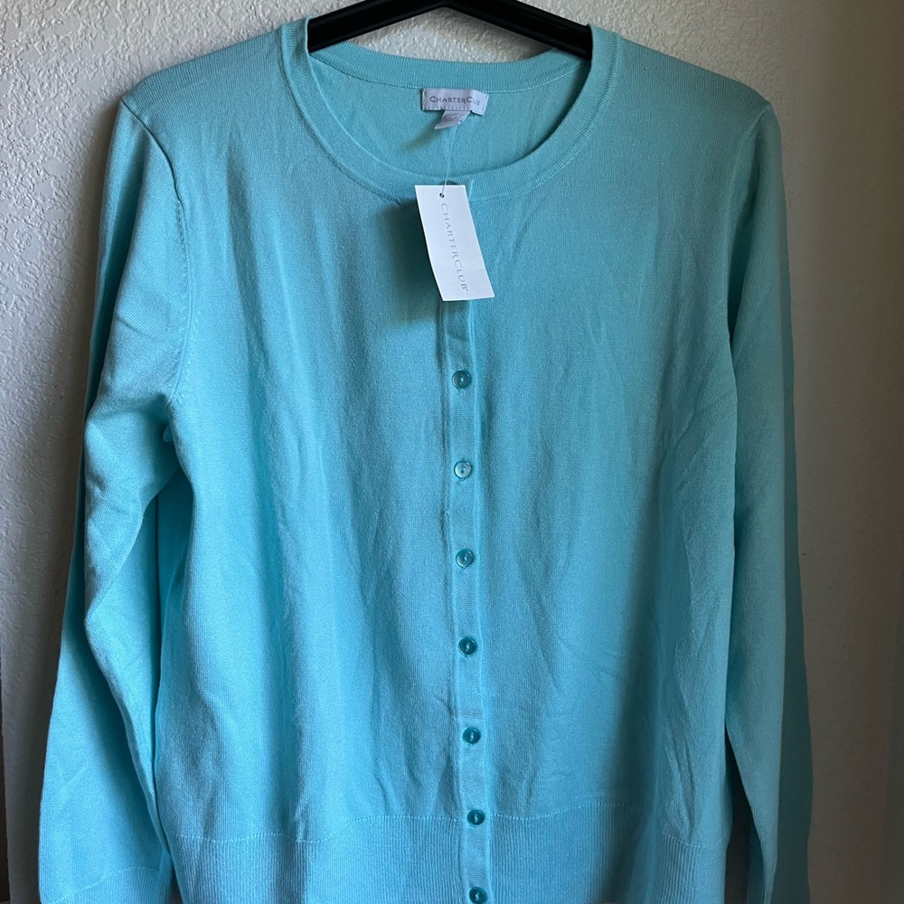 NWT Charter Club Women’s Long Sleeve Button Front Cardigan Size M  Teal/ Green